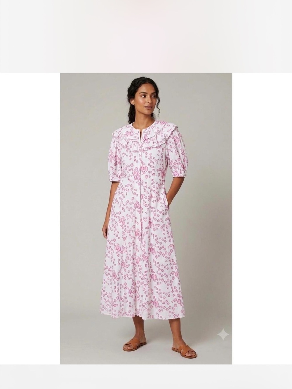 Girls White Nightgown with Pink Shell Print and Ruffle Collar